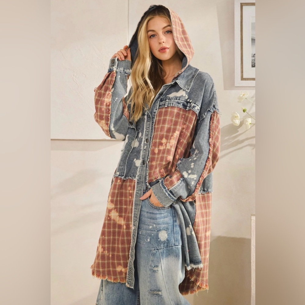 Oli & Hali XL Patchwork Denim Hooded Jacket Frayed Edge Plaid Oversized - Picture 6 of 9